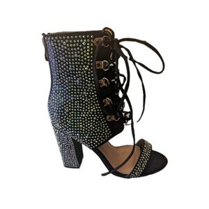 Azalea Wang rhinestone heels Size 7.5 Block Black LACE UP party Sparkle NEW